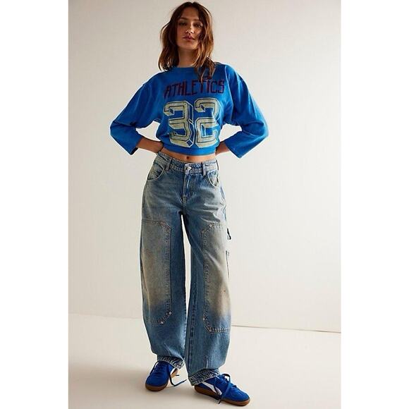 Free People We The Free Loren Barrel Jeans Denim Wide Leg Pants Dark Blue 27 - Picture 1 of 8
